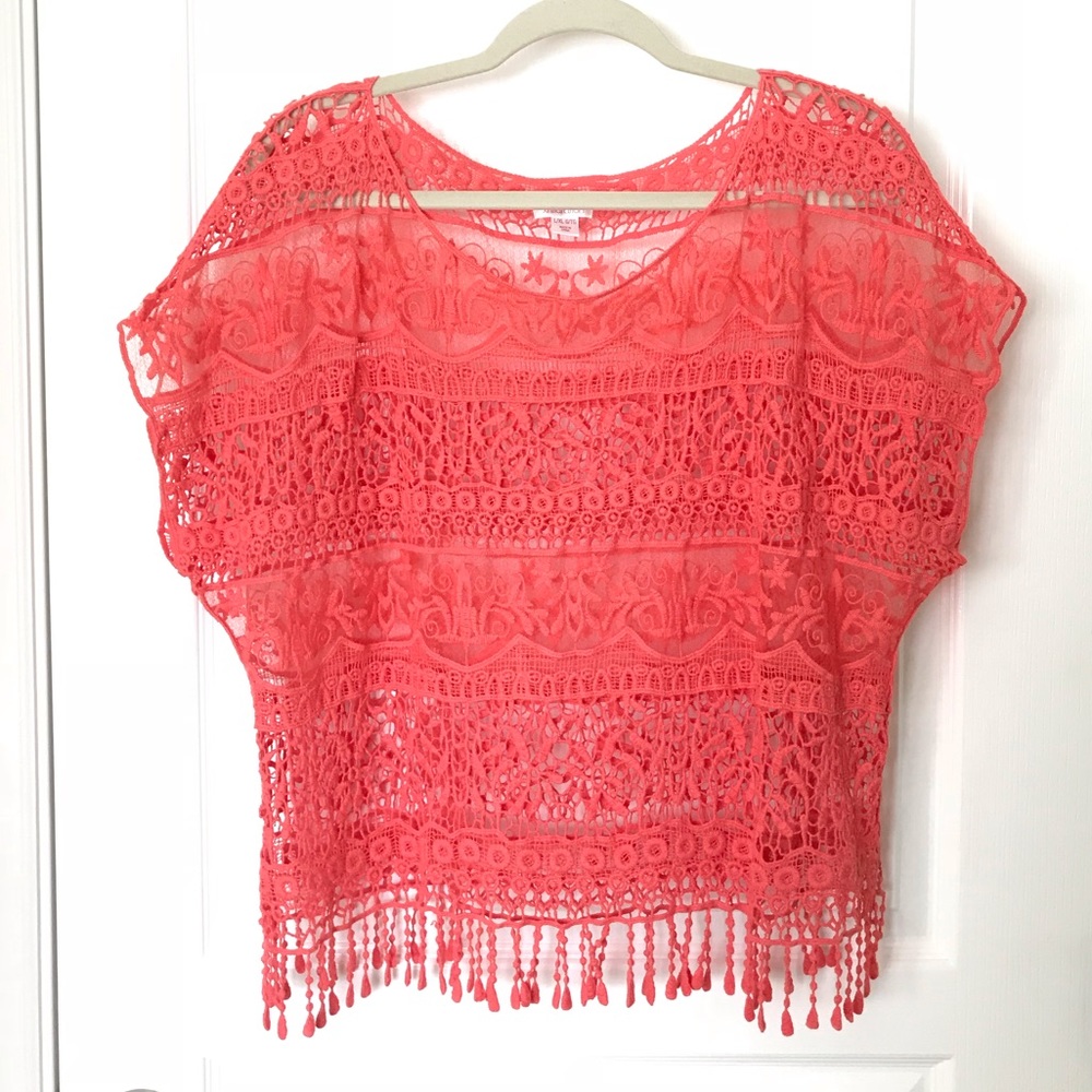 Coral sheer/embroidered top with fringe